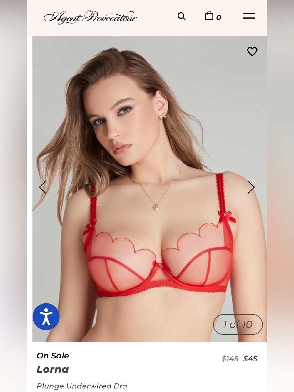 Agent Provocateur Lorna Red Plunge Underwired Bra in 34 DD.